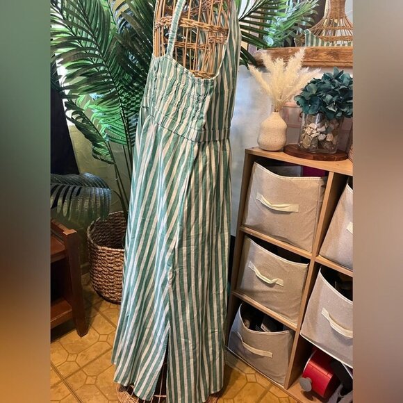 Green & White Striped Sleeveless Maxi Dress With Elastic Waist & Square Neckline - Picture 10 of 14